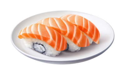 Sushi preparation event salmon nigiri on white plate culinary still life isolated on transparent background png