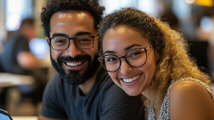 A happy smiling diverse couple with glasses posing for a close-up portrait.