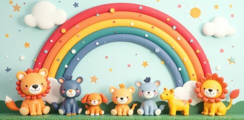 Obraz premium Bohemian nursery wall art featuring cute cartoon animals & rainbow, art, stars