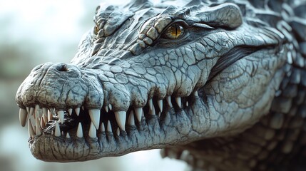 Obraz premium Extreme close up of a crocodile head with sharp teeth visible here