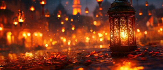 Illuminated lanterns creating a warm and festive atmosphere in a city