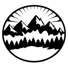 Majestic Mountain Range and Pine Forest in a Circular Design