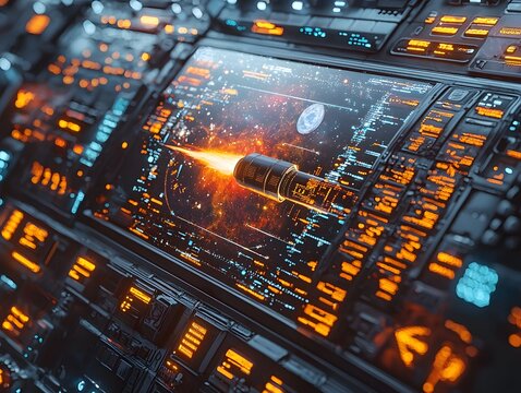 High tech control center monitoring rocket trajectories and celestial data
