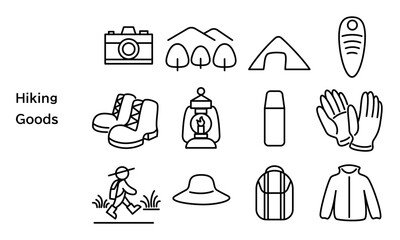 ハイキングの道具のシンプルなアイコンセット