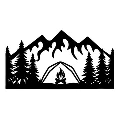 Obraz premium Majestic Mountain Camping Scene with Campfire and Tent Silhouette