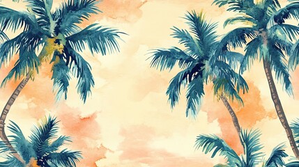 Fototapeta na wymiar Watercolor Tropical Oasis: Dreamy Palm Trees Against a Sunset Sky Background