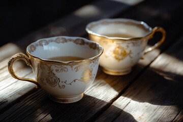 Fototapeta premium vintage porcelain tea cups with ornate gold handles on rustic wooden table illuminated by natural sunlight perfect for high end tea brands and cafe promotions
