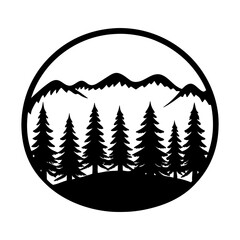 Majestic Mountain Landscape with Silhouetted Pine Trees in a Circular Design