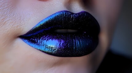 A close-up of a woman's lips in multicolored gothic style — deep purples, electric blues, and black accents blended into a bold, dramatic gradient with a matte finish and subtle metallic shimmer