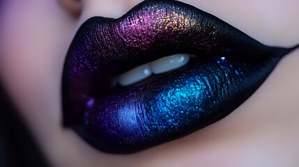 A close-up of a woman's lips in multicolored gothic style — deep purples, electric blues, and black accents blended into a bold, dramatic gradient with a matte finish and subtle metallic shimmer
