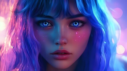 Fototapeta premium Digital model and design of a bright and mysterious female game character, long blue with pink neon highlight hair, stylish face makeup, deep glowing eyes