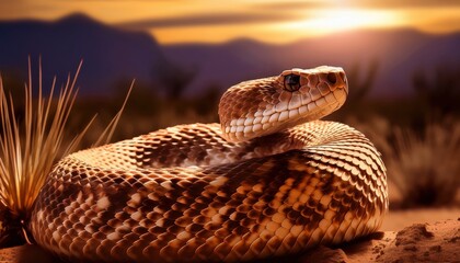 Naklejka premium Serene Sunset: Capturing a desert scene with a coiled rattlesnake, the image showcases the snake's textured scales and focused gaze. A harmonious blend of nature's elements.