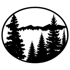 Majestic Mountain Range Silhouette with Evergreen Trees in a Circular Frame