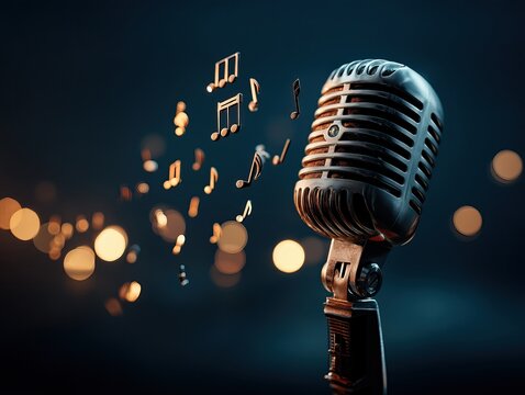 studio shot of a microphone with musical notes swirling around it