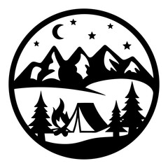 Night Camping Scene in Mountains with Campfire and Tent under Starry Sky