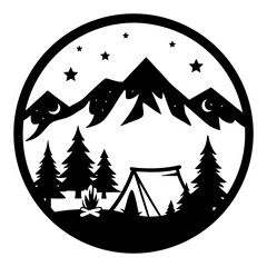 Night Camping Scene in Mountains with Stars and Moon Silhouette Illustration