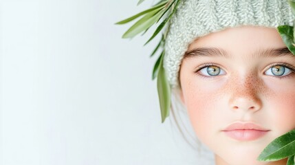 Naklejka premium Child's face with greenery and knit hat