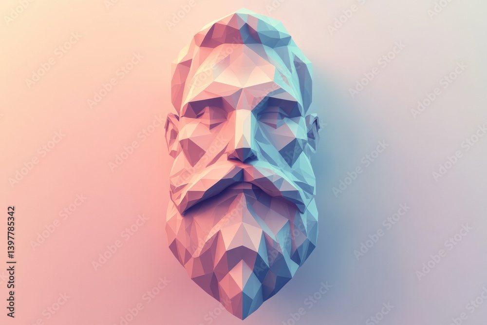 Poster Low poly geometric beard design in 3D style on soft gradient background creating a modern artistic visual at the intersection of art and technology