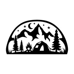 Night Camping Scene with Mountains Trees Tent and Campfire Under Stars and Moon