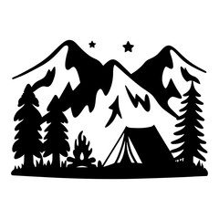 Majestic Mountain Camping Scene with Campfire under the Stars
