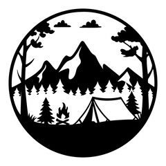 Majestic Mountain Camping Scene with Trees Campfire and Tent in a Circular Design