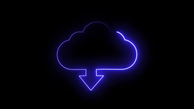 Neon cloud icon animation, color flicker. Glowing neon cloud storage with arrows, Cloud computing glowing neon Downloading icon animation . blue color computing and black background .