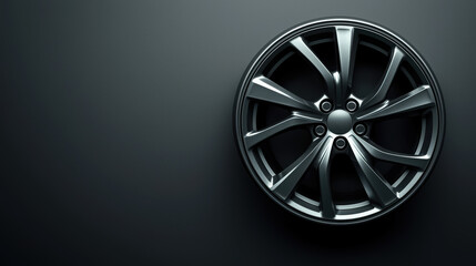 Fototapeta premium A sleek dark grey alloy wheel with a multi-spoke design is showcased against a subtly textured dark grey background providing a clean and modern automotive aesthetic.