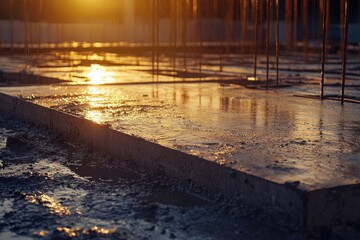 Concrete slab being poured at construction site during golden hour with shallow depth of field