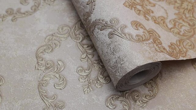 Roll of paper wallpaper on the wall with texture, camera movement slowly