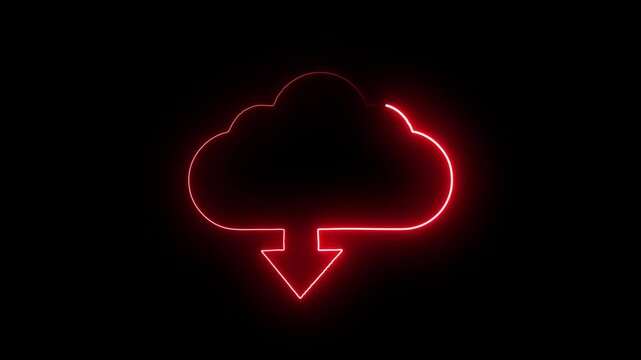 Neon cloud icon animation, color flicker. Glowing neon cloud storage with arrows, Cloud computing glowing neon Downloading icon animation . red color computing and black background .