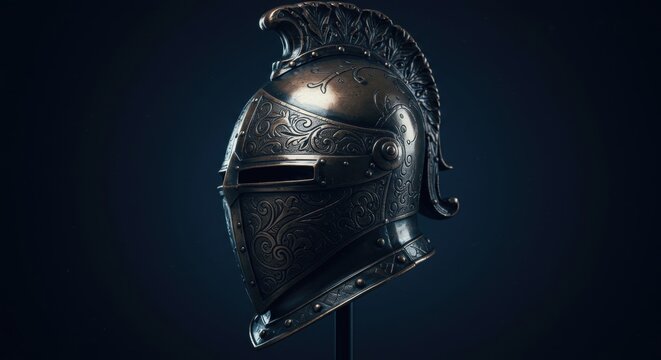 Ornate medieval helmet displayed on a stand, showcasing intricate engravings against a dark backdrop - gladiator murmillo