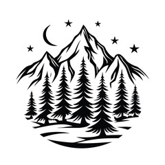 Mountain Peaks Silhouette with Pine Trees, Crescent Moon and Starry Sky Black Icon