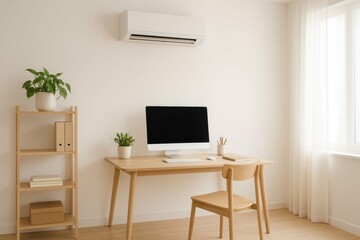 Modern Minimalist Home Office with Simple Furniture and Plants