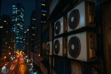 Urban Air Conditioning Units at Night with City Lights in Background