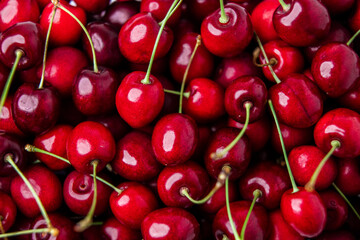 close up of many fresh sweet cherries. red, healthy, natural food texture