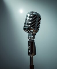Fototapeta premium vintage retro microphone standing tall on a light, neutral background