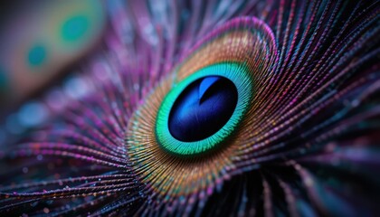 Naklejka premium Vibrant macro of peacock feathers in full frame
