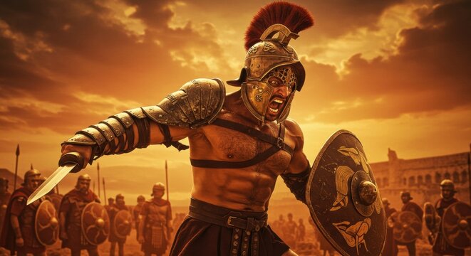 Epic battle scene featuring a muscular warrior in armor wielding a sword against an army backdrop - gladiator murmillo