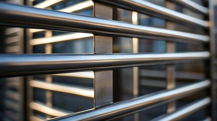 Modern Steel Railing Design Elegant Metal Structure Architectural Detail Polished Stainless Steel Urban Background Contemporary Building Exterior     