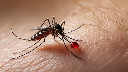 Aedes Mosquito Biting Human Skin Macro View Full Of Blood Dangerous Insect