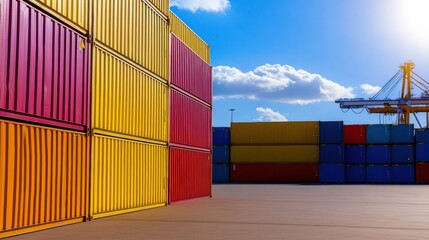 Fototapeta premium A vibrant scene of stacked shipping containers under a bright blue sky, showcasing an organized port environment.