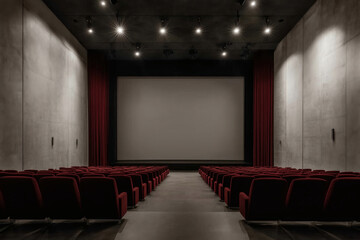 Fototapeta premium Cinema interior with red seating in a modern design, offering a comfortable movie-watching experience.