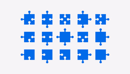 Puzzle pieces whole set isolated. Vector illustration. Jigsaw puzzle game. Blue color.