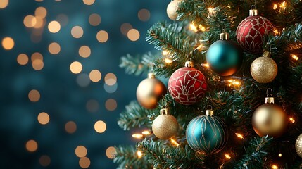 A christmas tree adorned with colorful ornaments in a festive display.