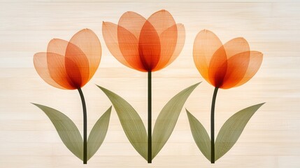 Obraz premium Flower wooden board weather. A vibrant illustration of three orange tulips with delicate petals, set against a light wooden background, evoking a serene and natural ambiance.