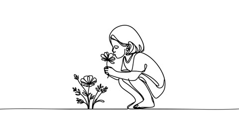 Child smelling flower in continuous line art drawing style. Small girl squatted down to sniff the fragrant flower. Black linear sketch isolated on white background. Vector illustration