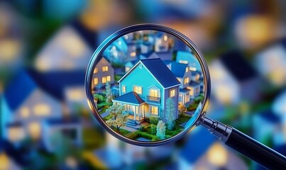 A magnifying glass focusing on a blue house among many similar houses, symbolizing real estate search or investment. 