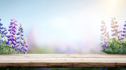 Flower wooden board weather. A serene view of a wooden table surrounded by blooming lavender flowers in soft focus, creating a tranquil and inviting atmosphere.