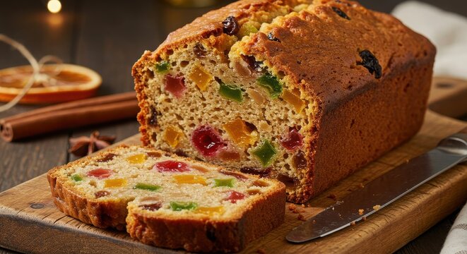 A richly detailed fruitcake with candied fruits and raisins on a rustic wooden board under warm golden lighting