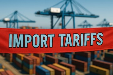 Obraz premium Red Banner Displaying Import Tariffs at Shipping Port with Containers